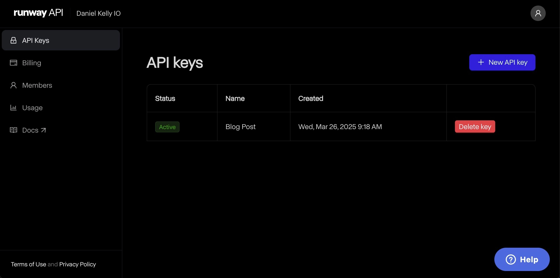 API Key screen in the Runway developer portal