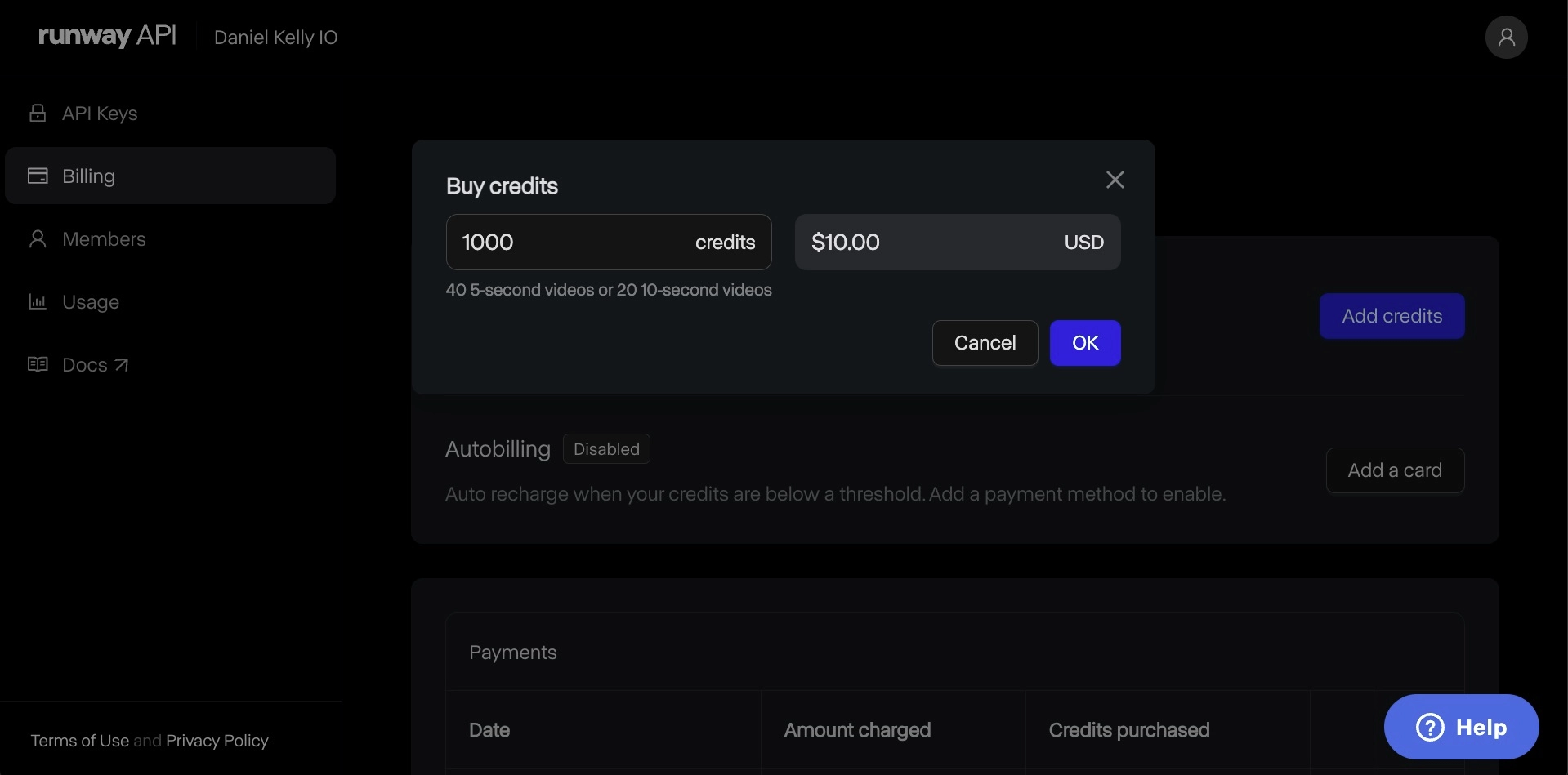 credits screen in the Runway developer portal