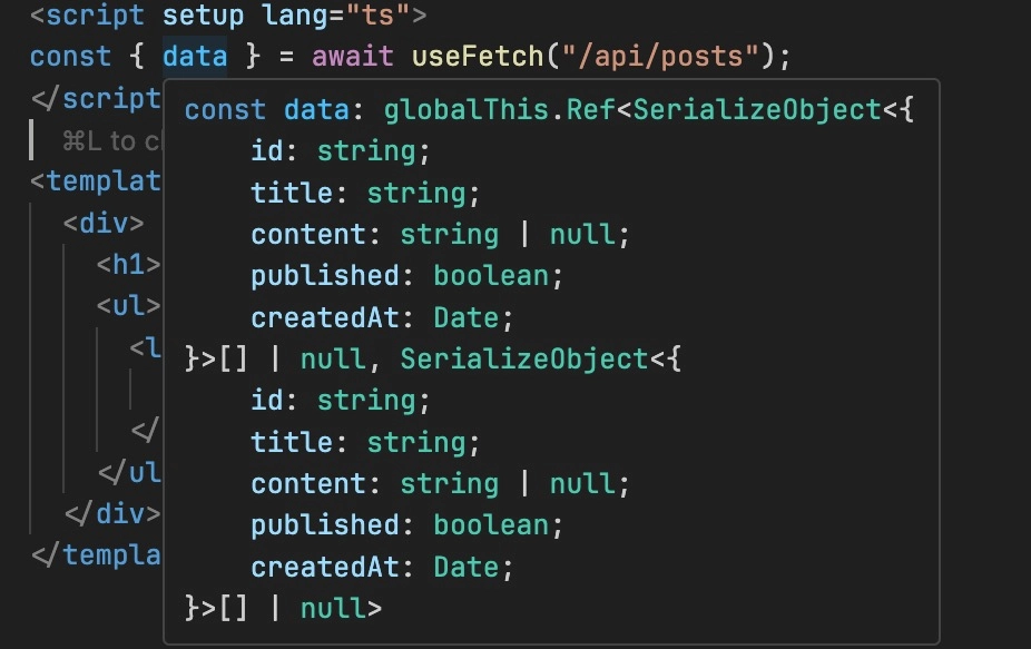 Nuxt useFetch auto types the returned data based on what’s returned from the API event handler