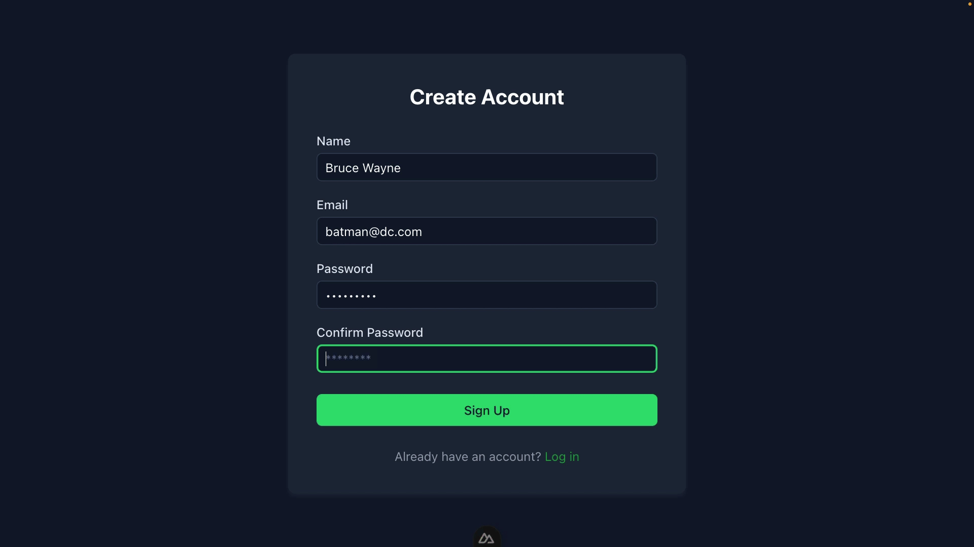 screenshot of register form with validation