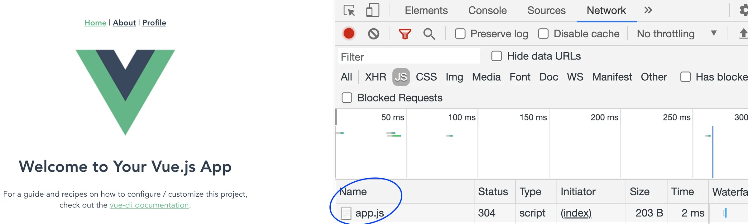 The js tab in vue devtools