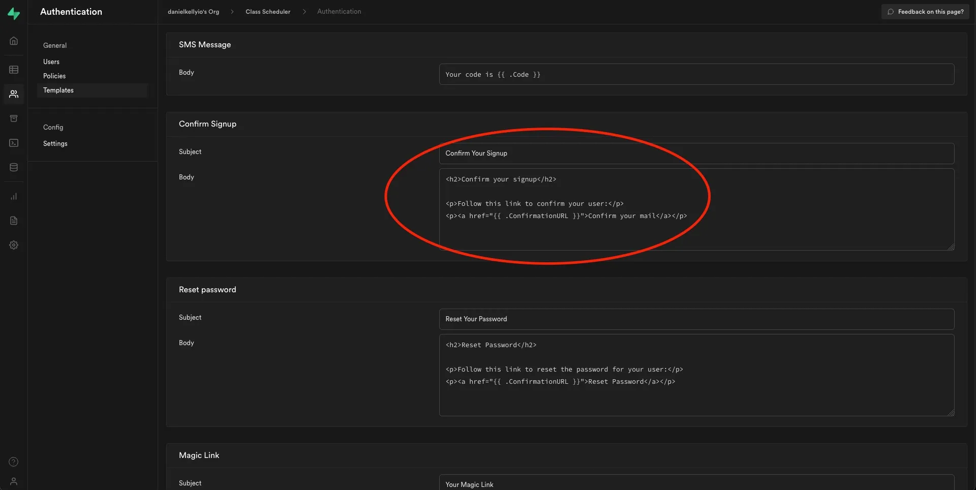 screenshot of dashboard setting for confirmaiton email template