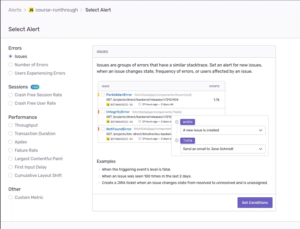 screenshot of alert setup in Sentry