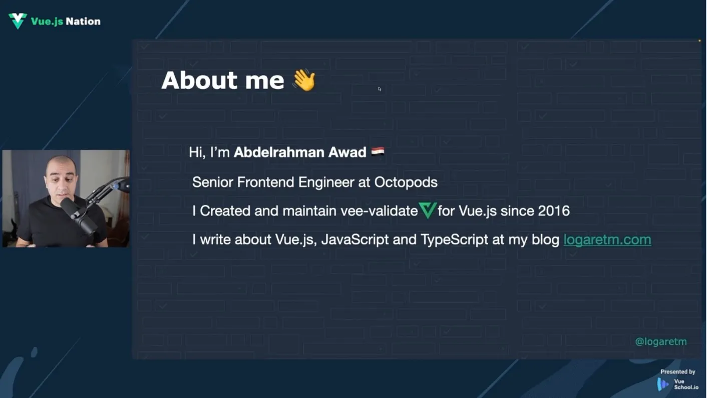 screen shot of Abdelrahman Awad talking about form validation with Vee-Validate