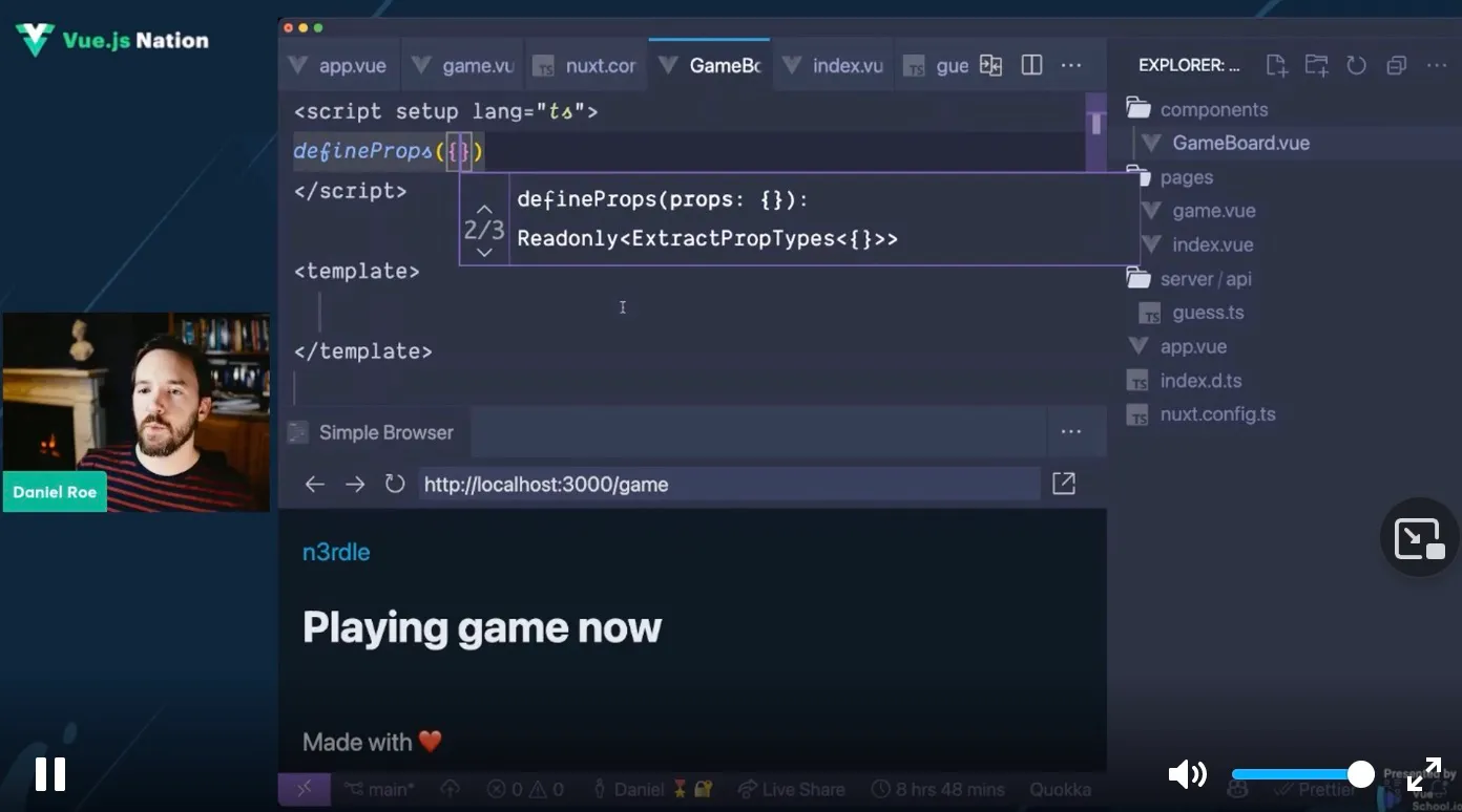 screen shot of Daniel Roe coding a wordle clone with Nuxt.js 3