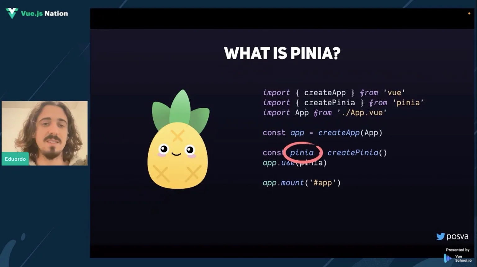 screen shot of Eduardo San Martin Morote talking about state management with Pinia