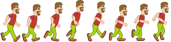 static sprite image of man walking with all frames shown at once 