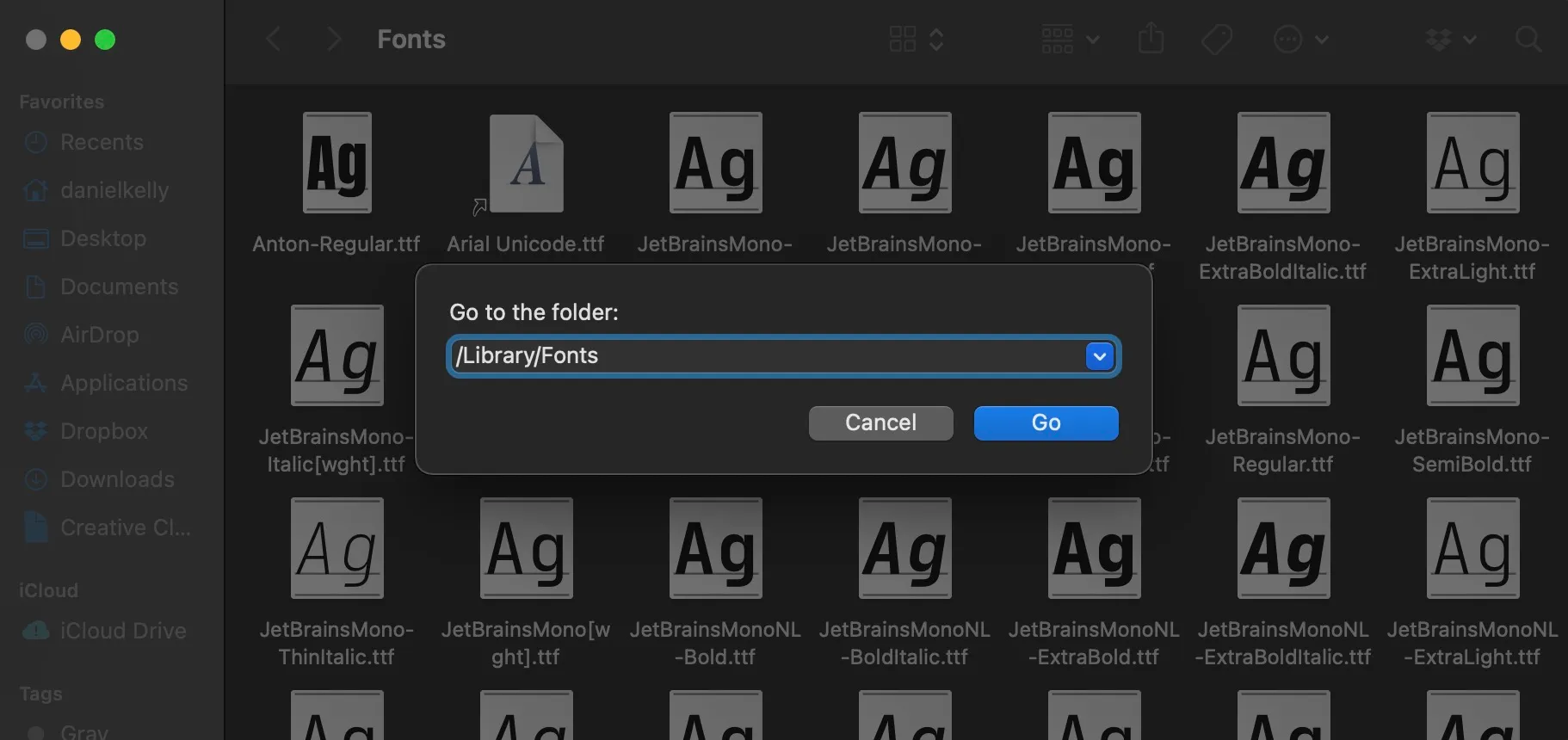 screenshot of goto fonts directory in Finder