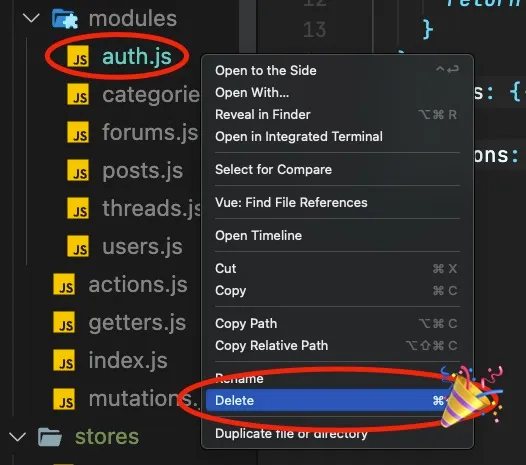 screenshot of deleting auth Vuex module in VS code