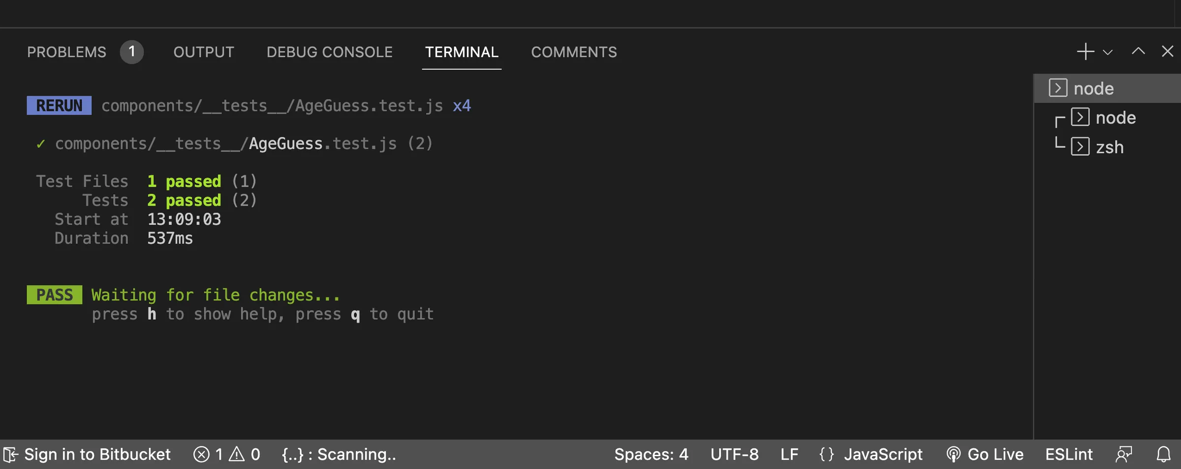 Screenshot showing Vitests tests passing again after the changes