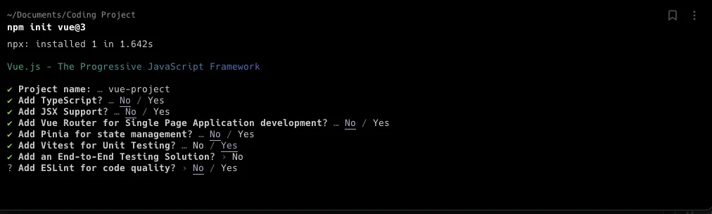 Screenshot for Vue and Vite CLI Prompts