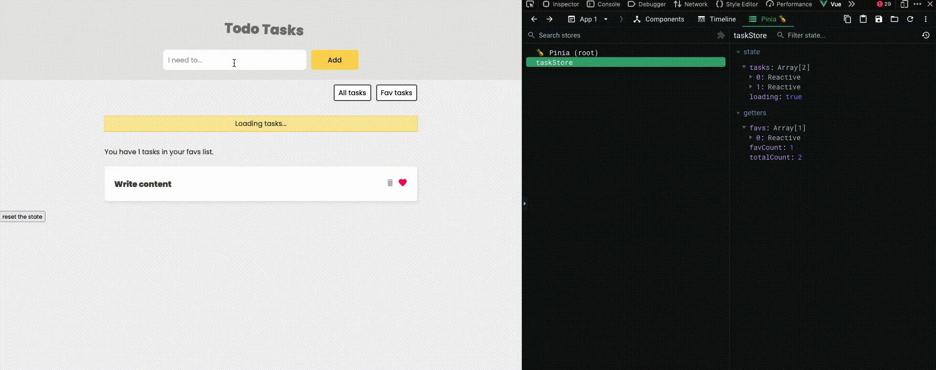 Vue DevTools with Pinia store showing time travel feature