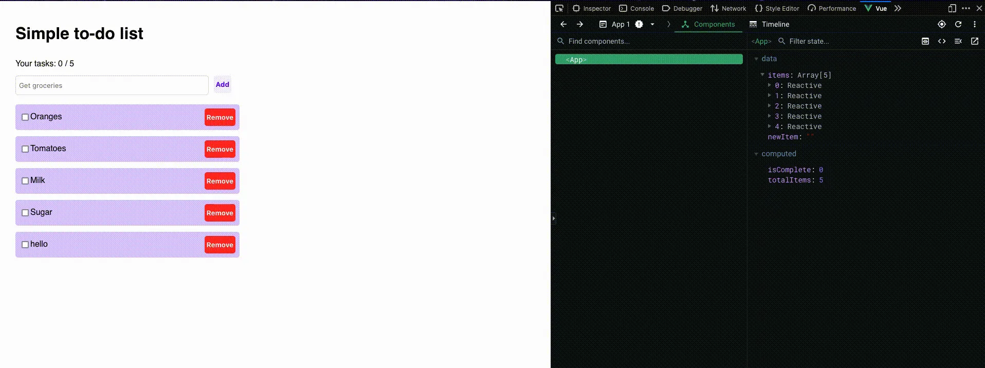 Component state changes in Vue Devtools