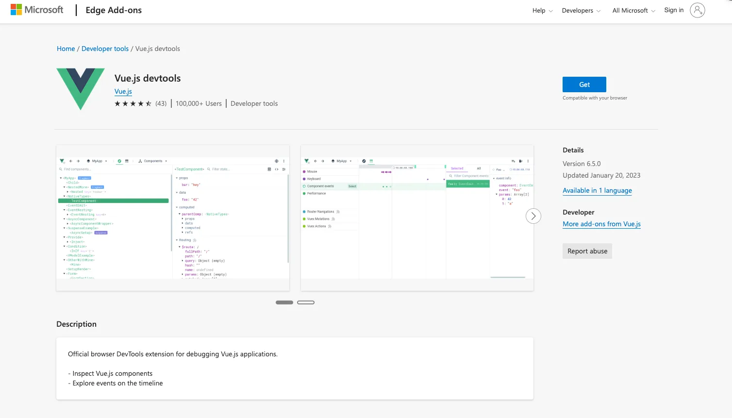Screenshot for Vue Devtools extension in  Microsoft Edge