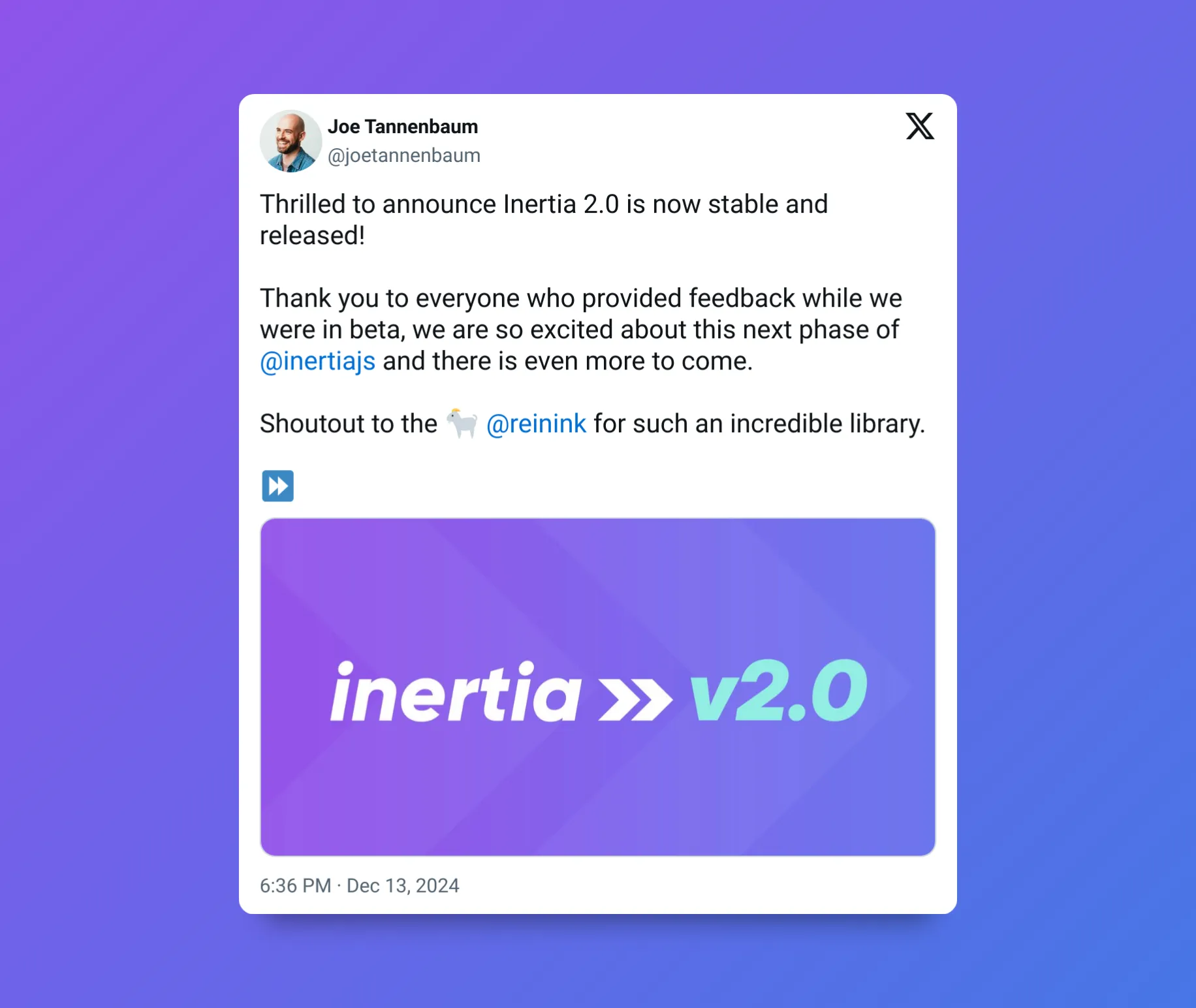 Inertia.js V2 Announcement Tweet
