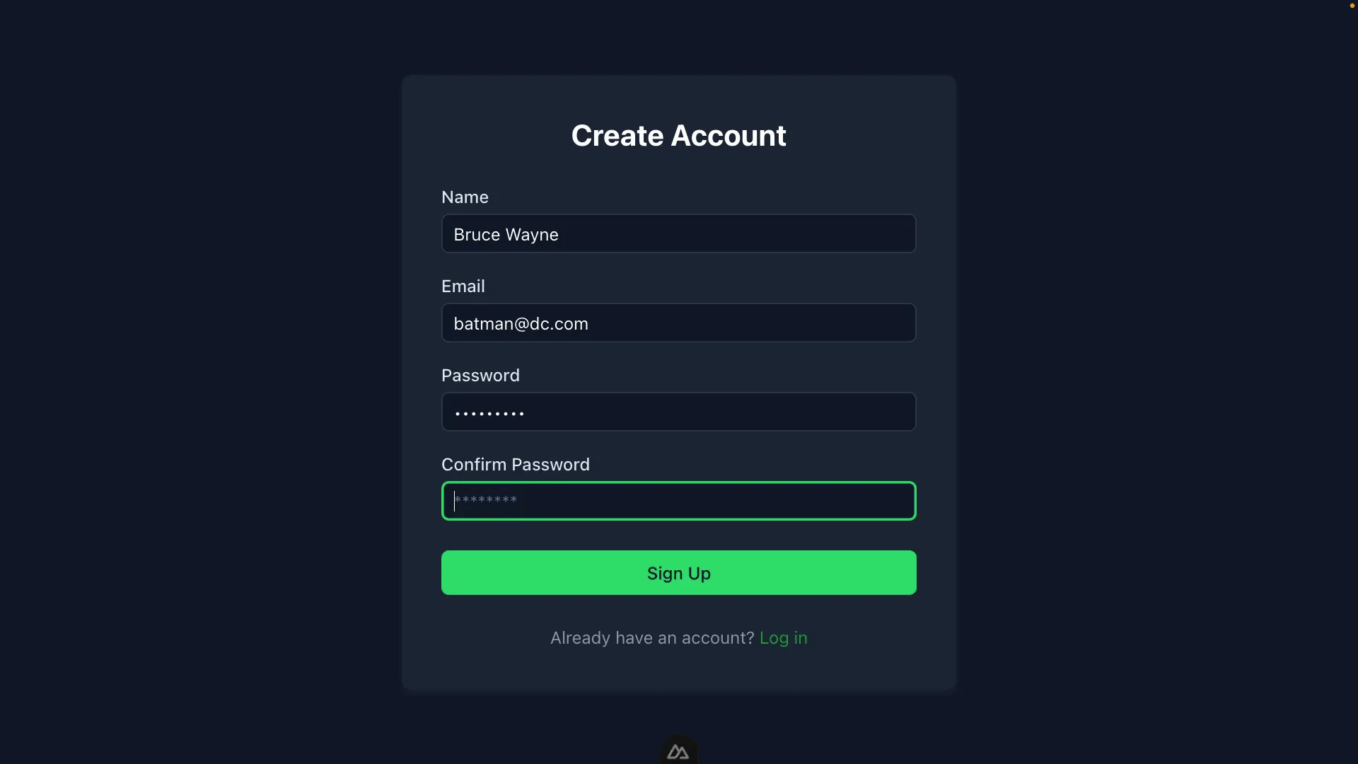 screenshot of register form with validation