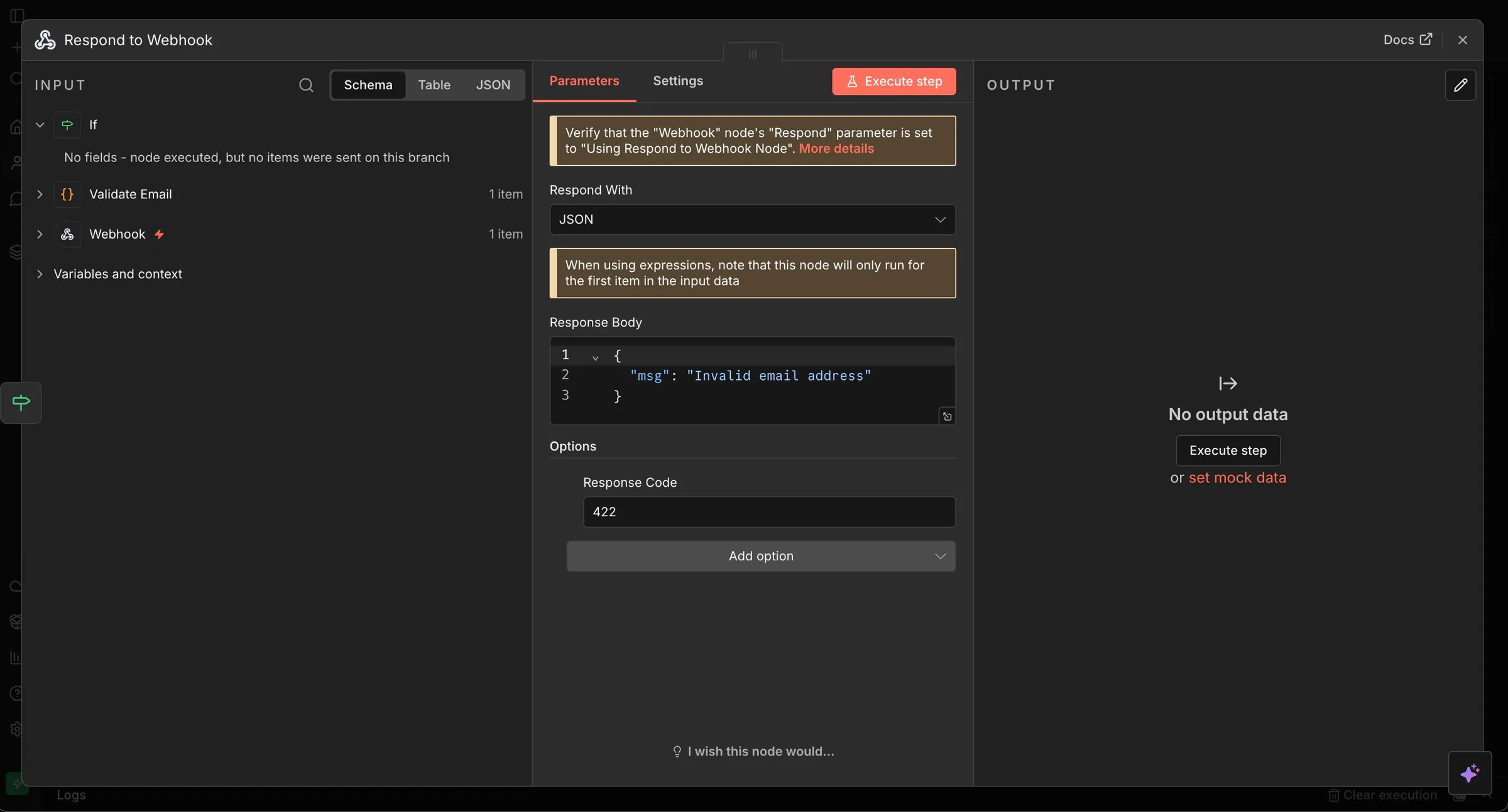 screenshot of n8n node webhook response with 422 status code response for invalid email addresses