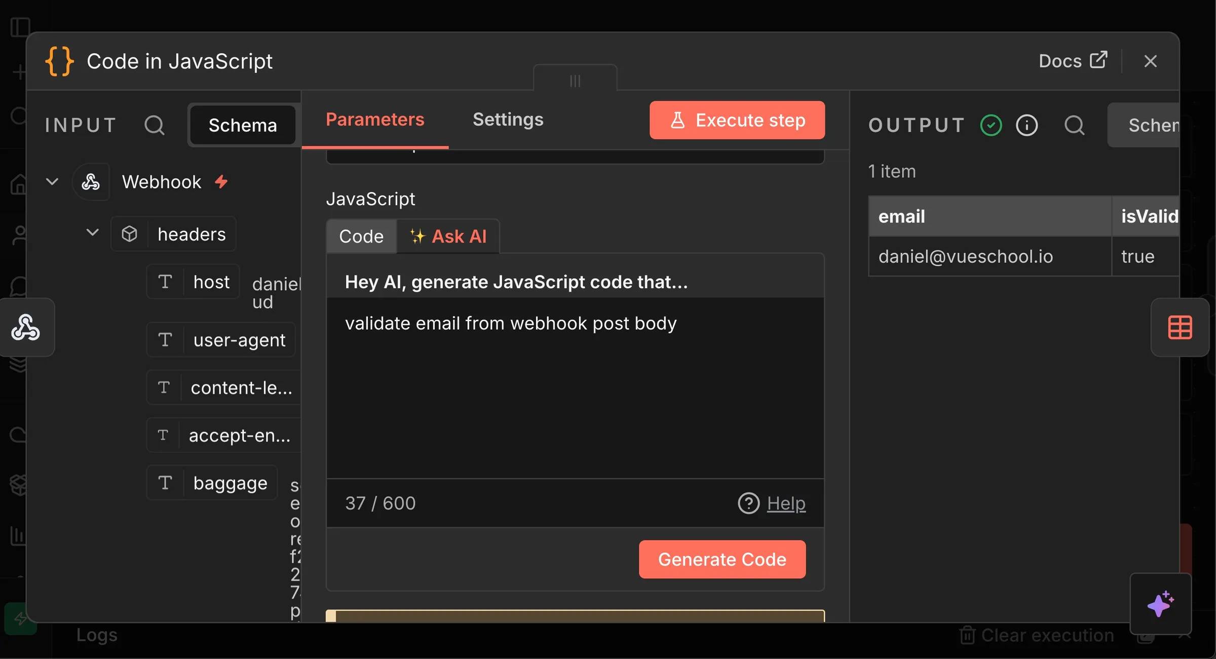 screenshot of AI generation of JS code to validate email address