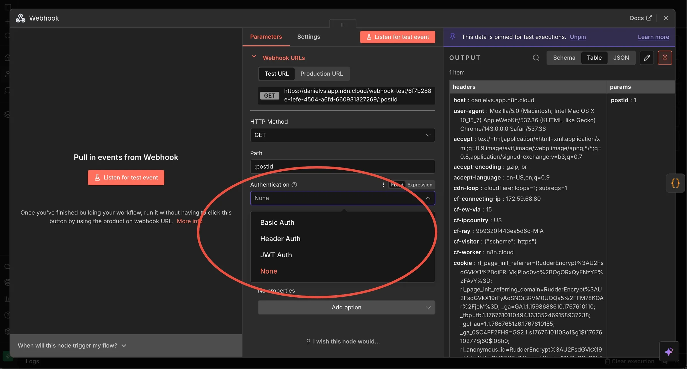screenshot of authentication select in webhook step