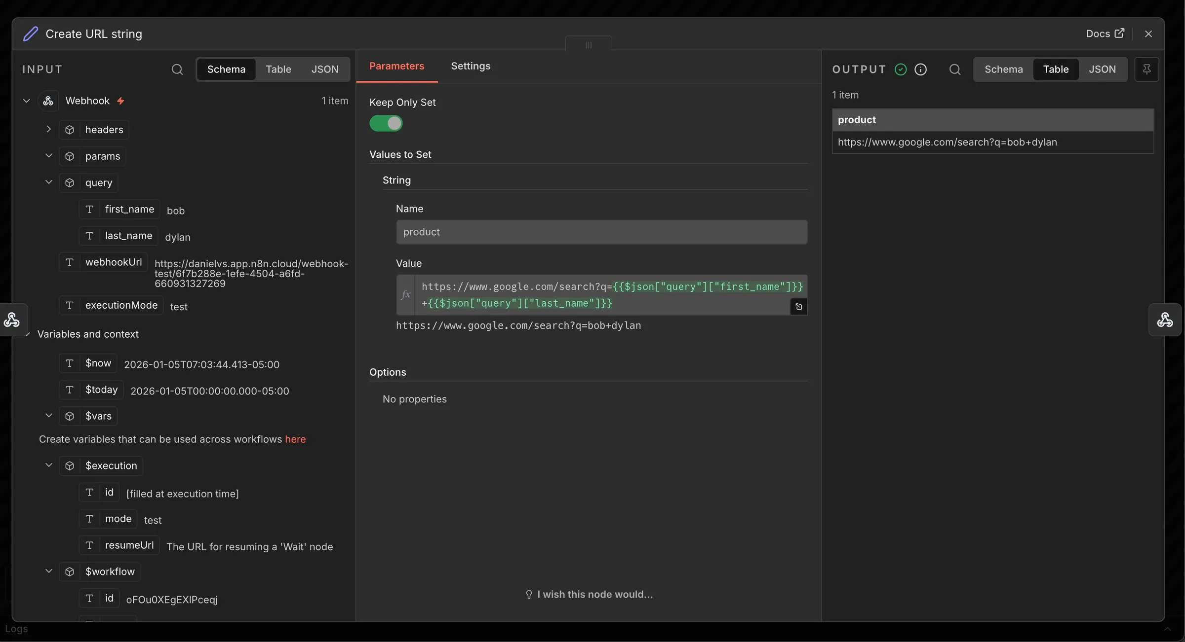 screenshot of the "Create URL string" step in n8n