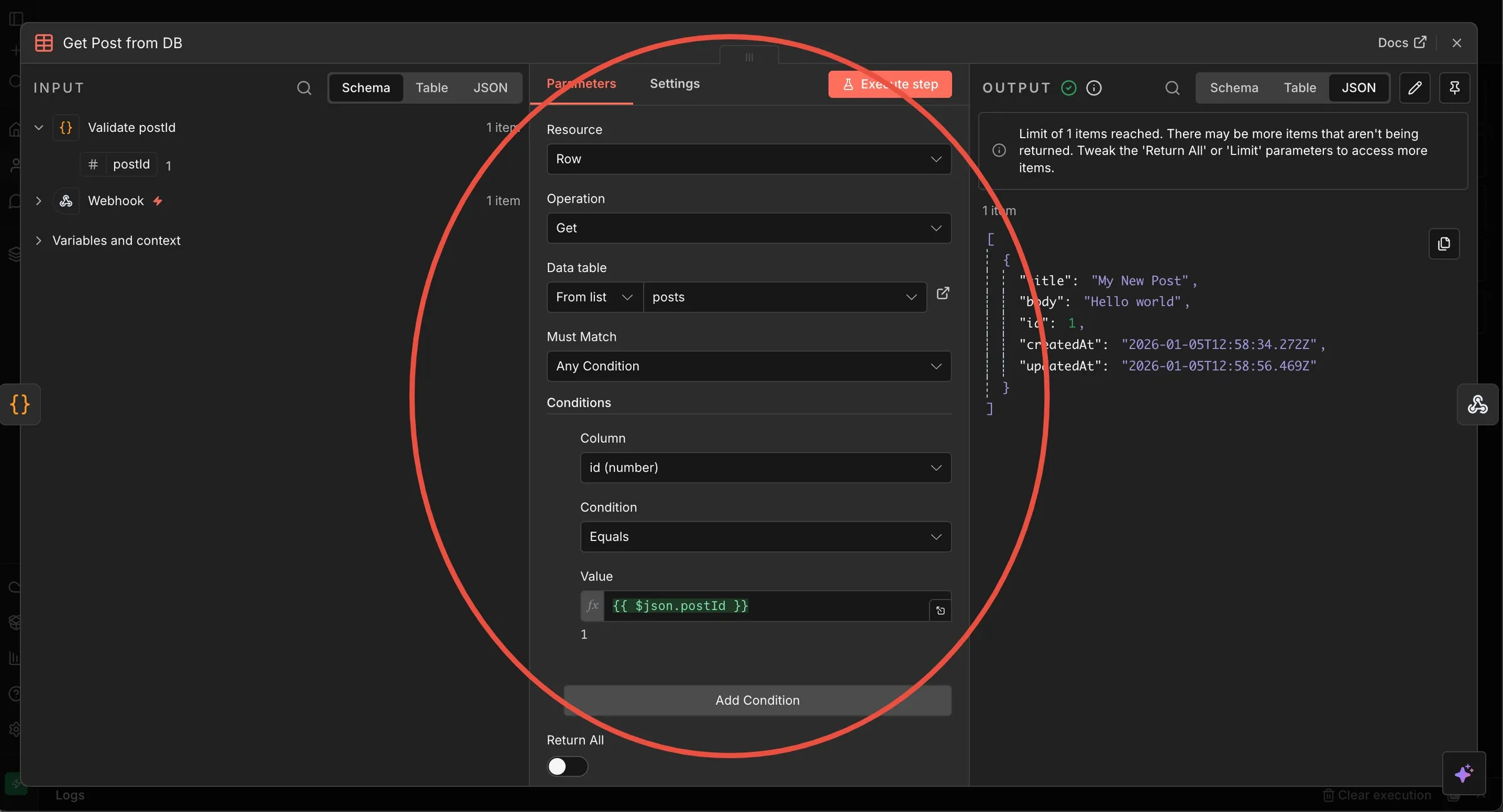 screenshot of the database query step. It uses the dynamic postId from the request param to filter the database results