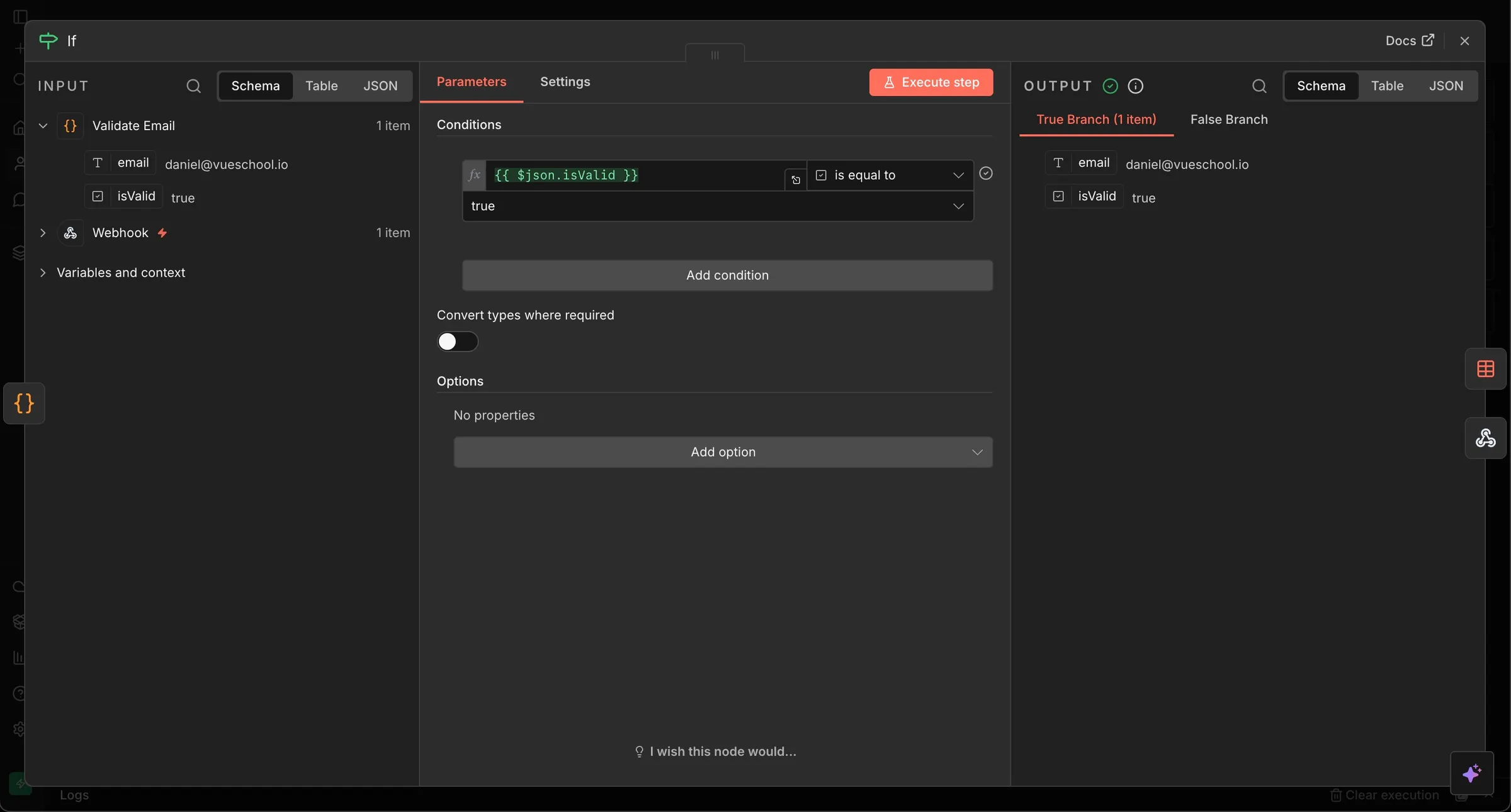 screenshot of email validation conditional node