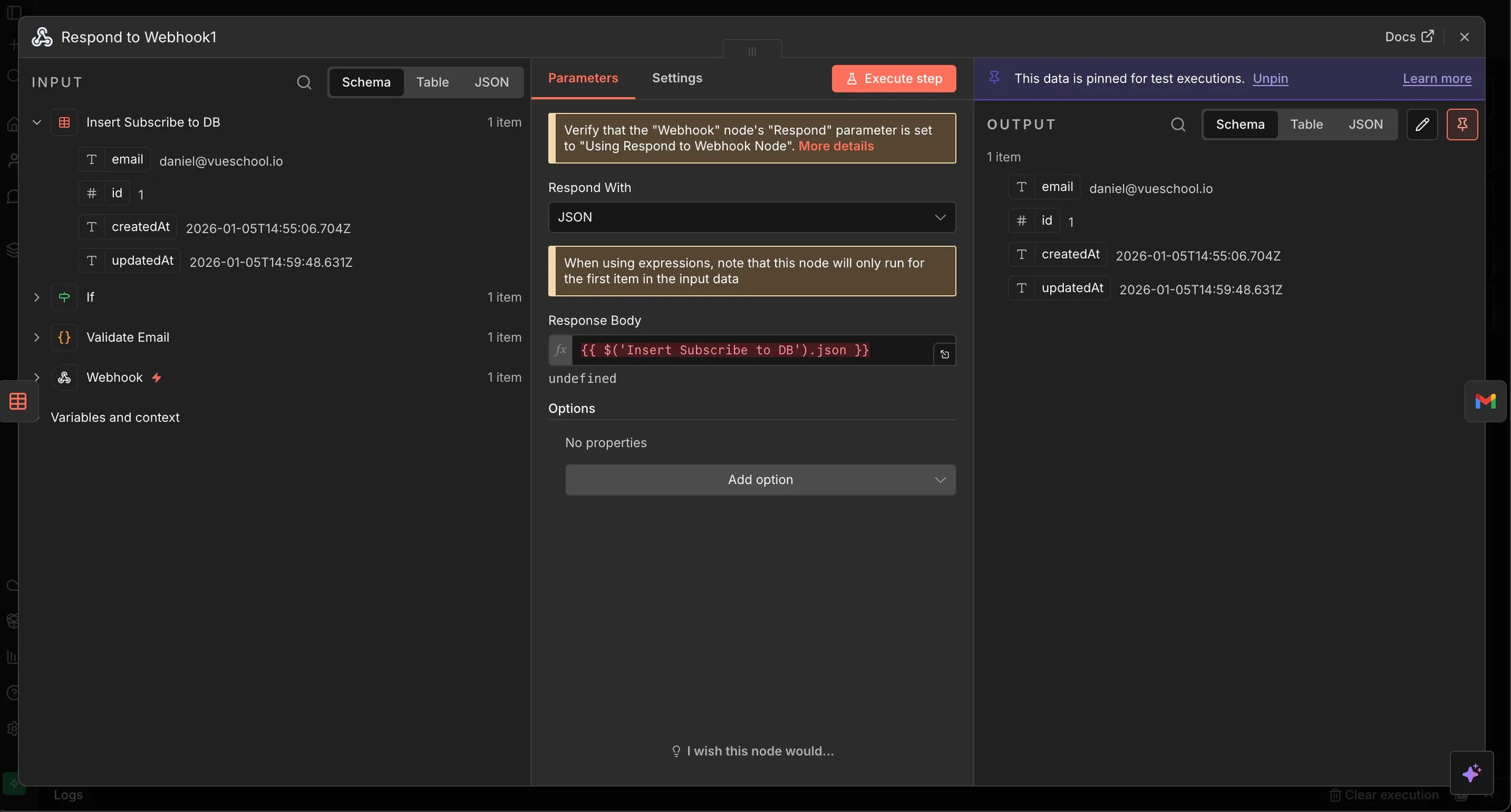 screenshot of successful subscription HTTP response