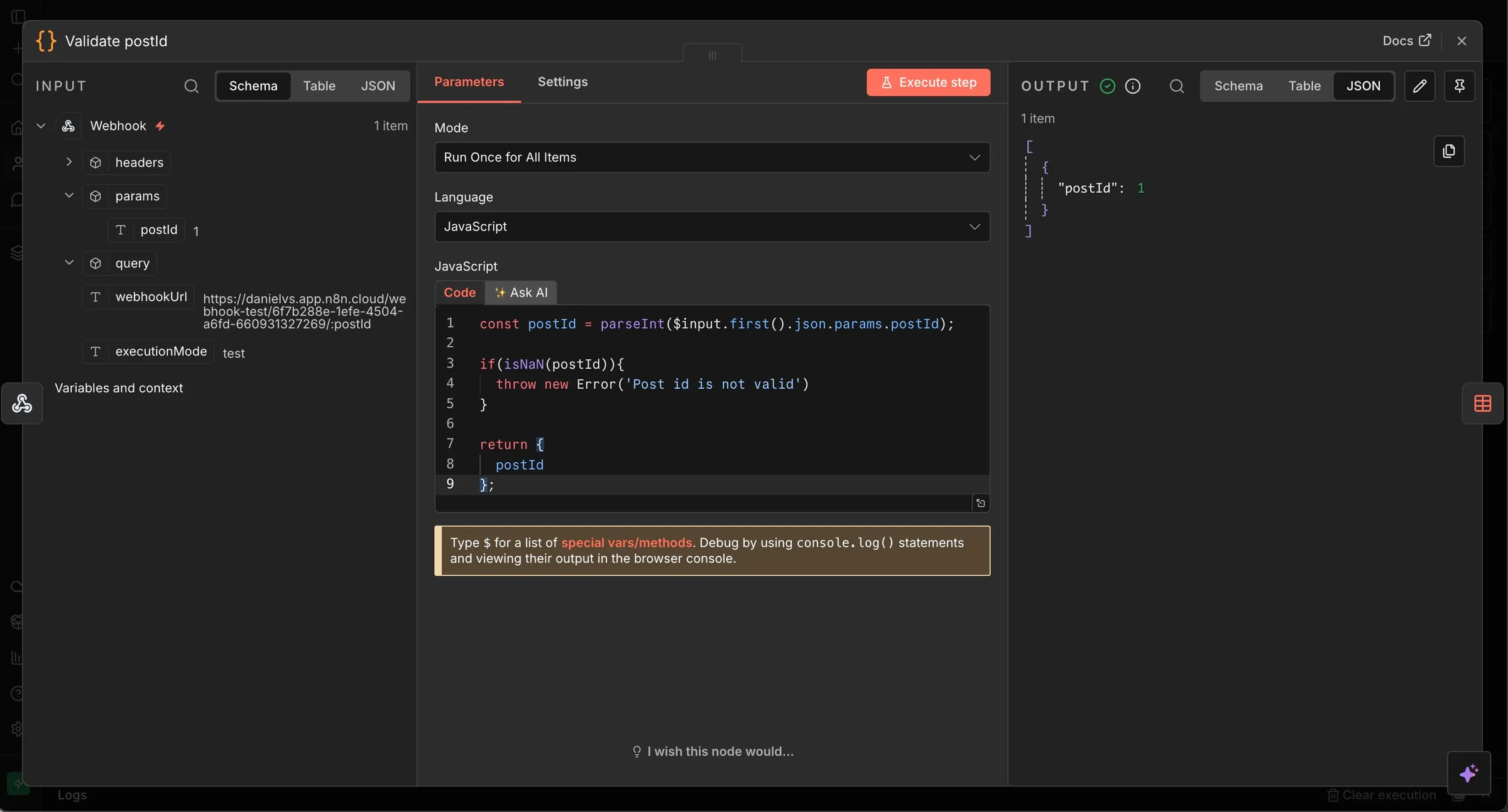 screenshot of the custom JavaScript code run in the validation step