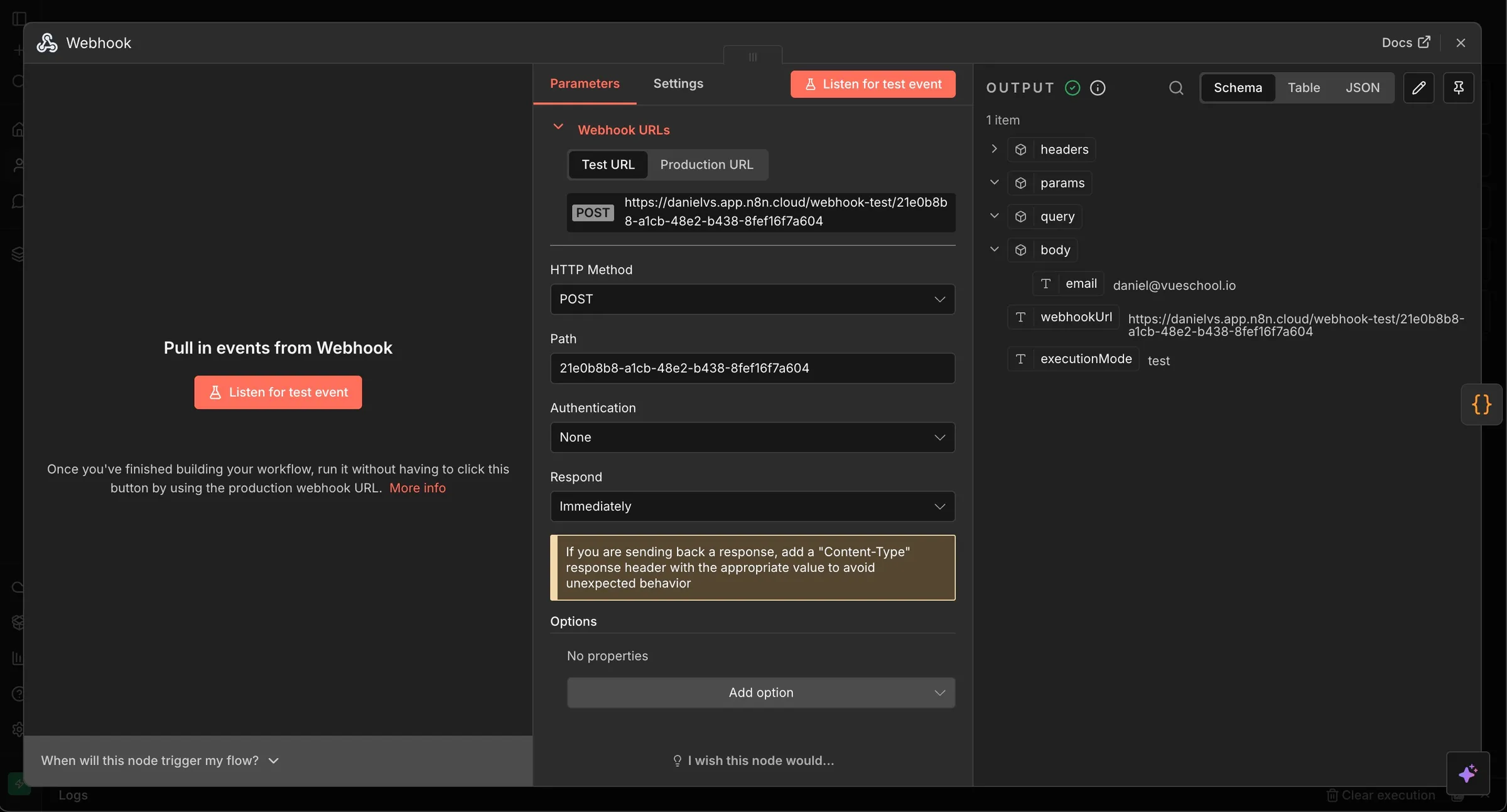 screenshot of step 1 webhook trigger taking a POST request and getting the email from the body