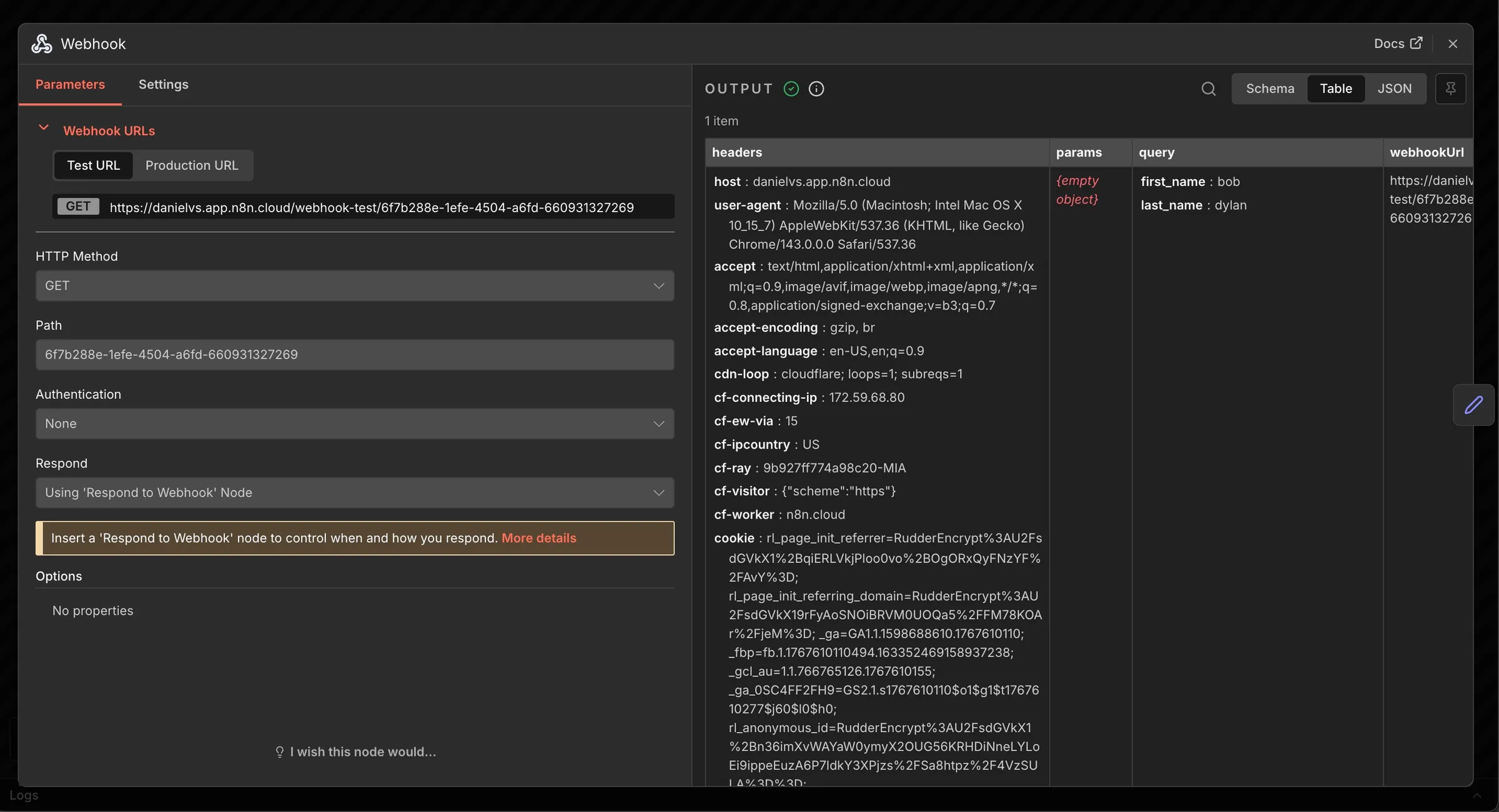 screenshot of webhook step in n8n