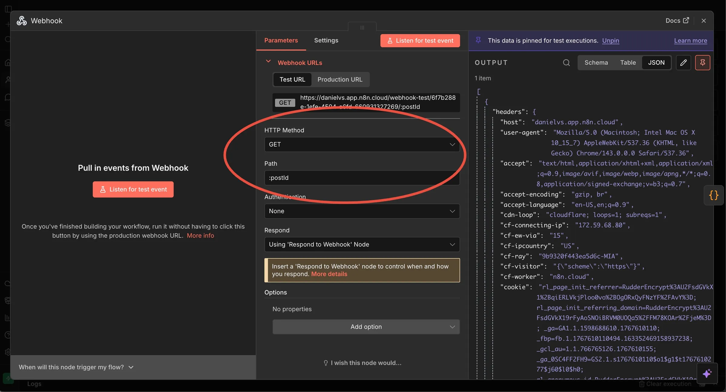 screenshot of the first step: the webhook trigger step