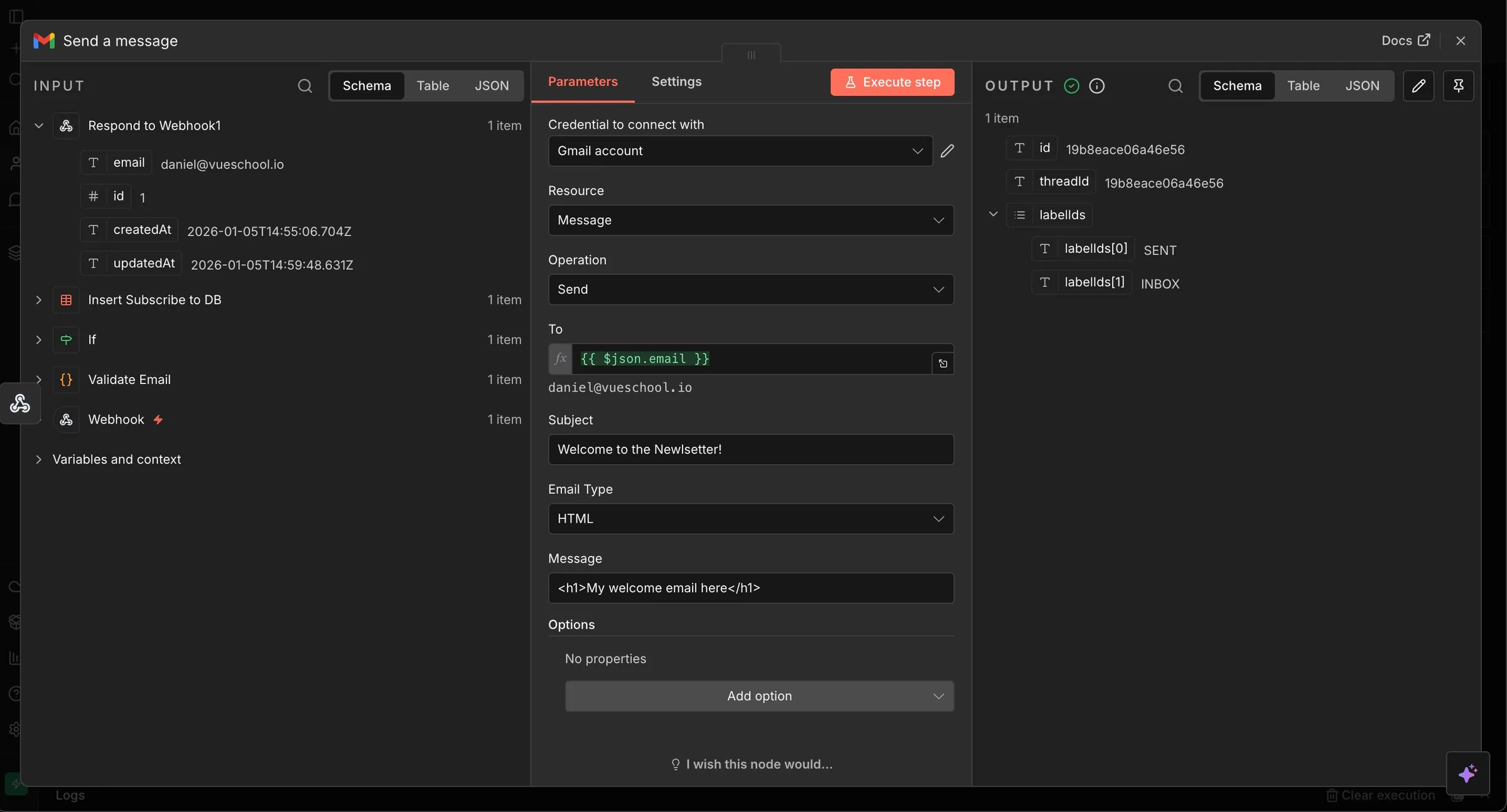 screenshot of n8n node for sending a newsletter welcome email