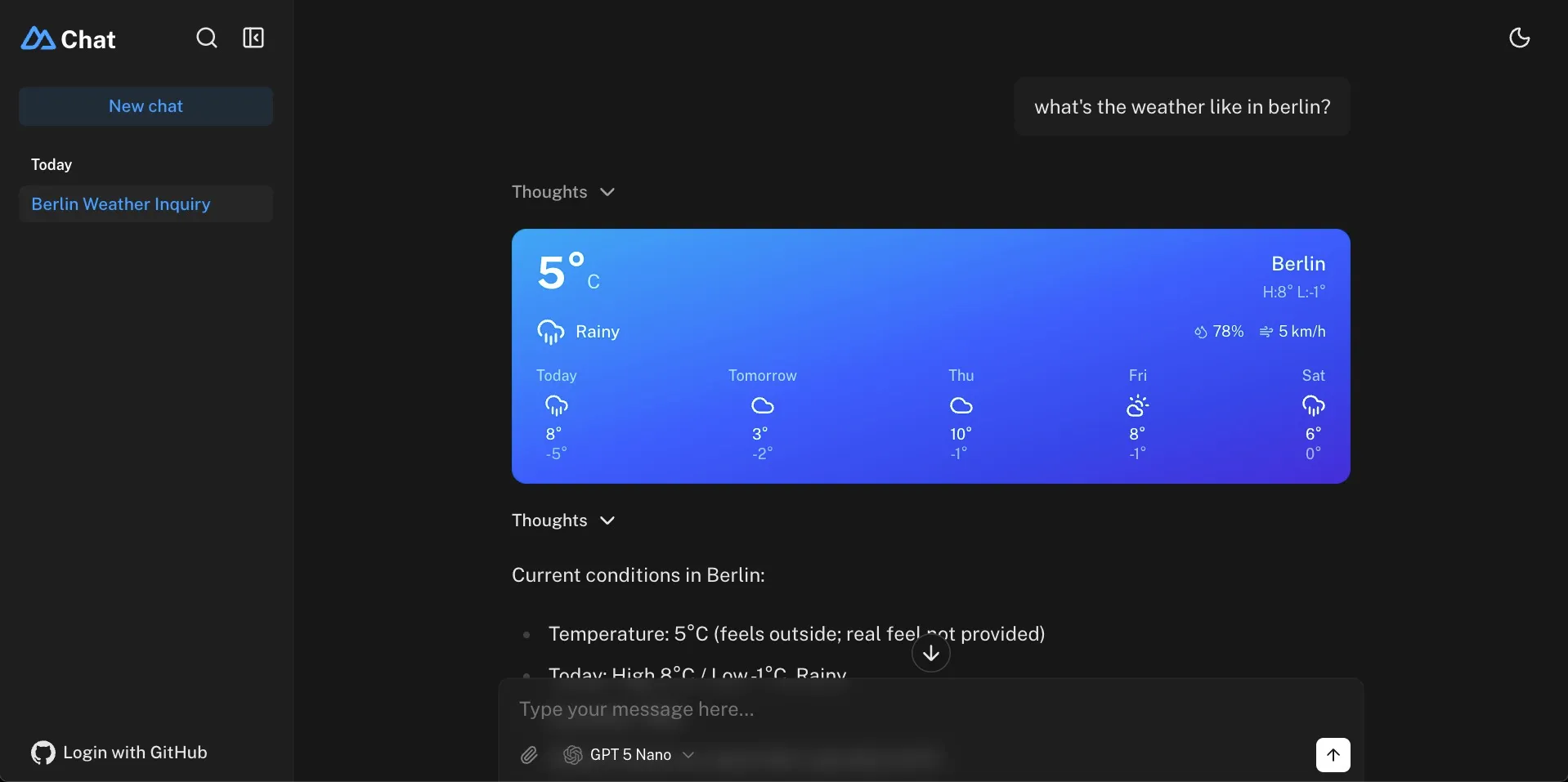 Weather Chat Widget screenshot from the Nuxt UI Chat template