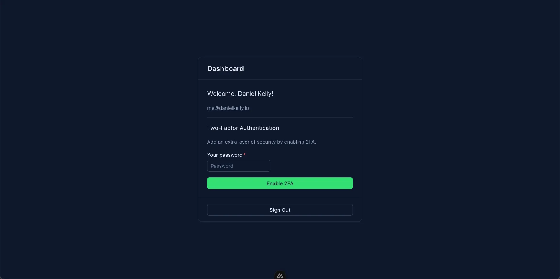Dashboard with Two-Factor Authentication section