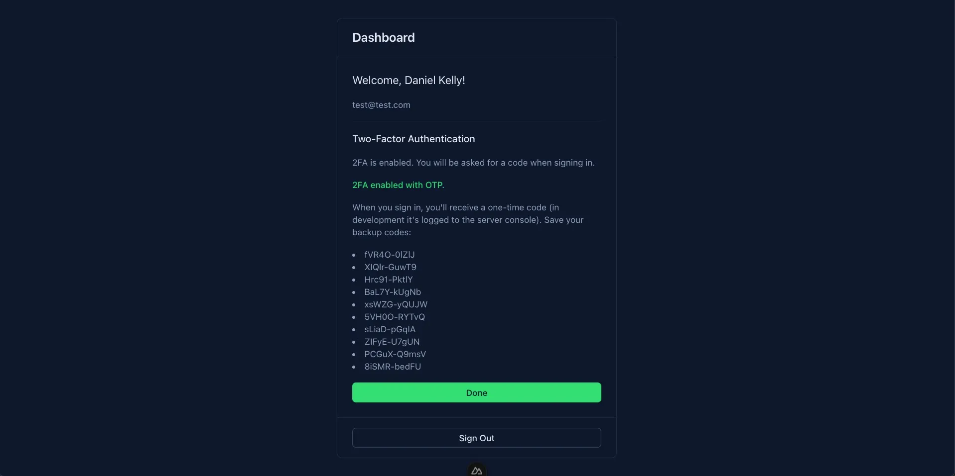 Backup codes shown after enabling 2FA