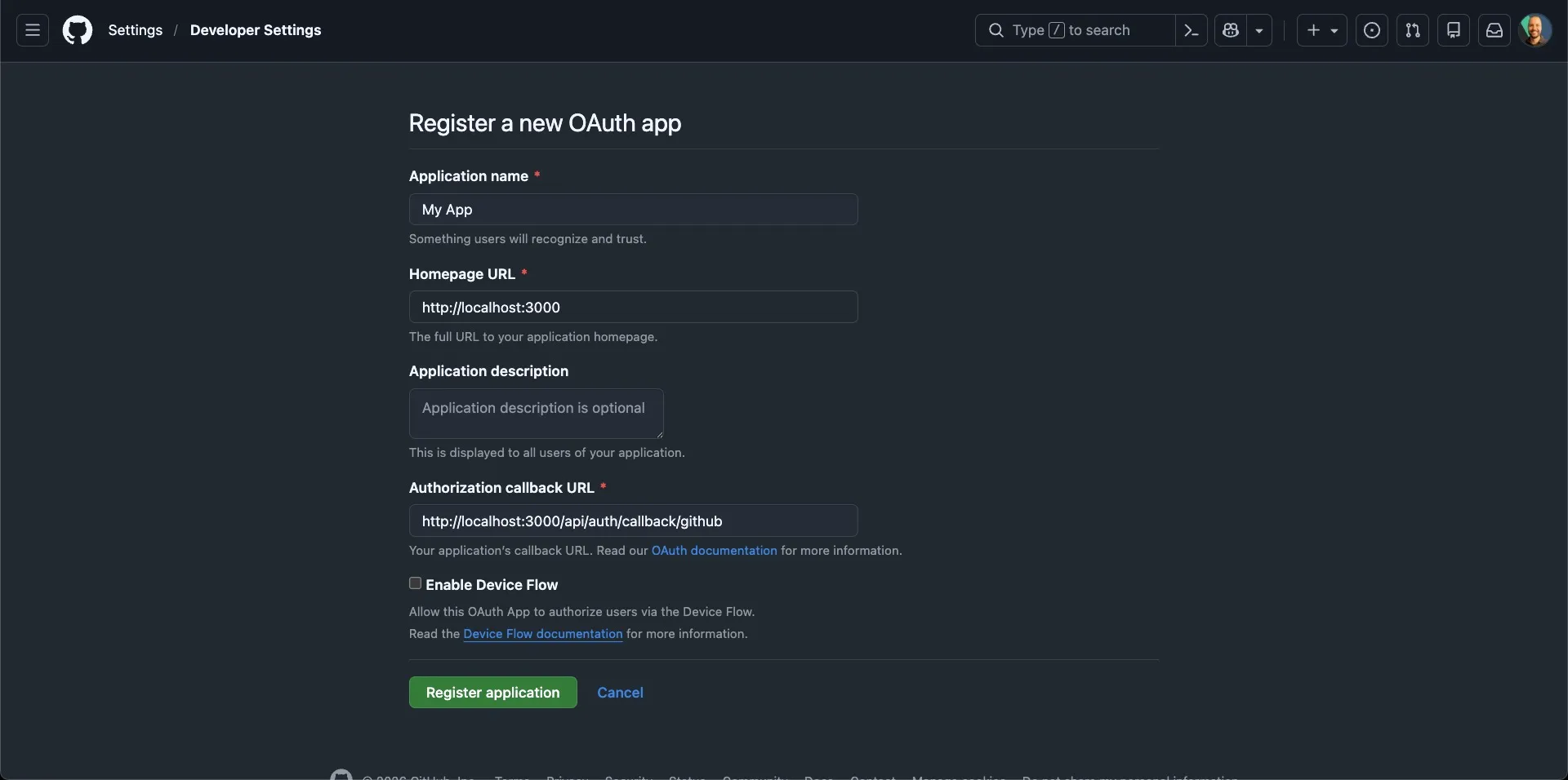 GitHub Developer Settings