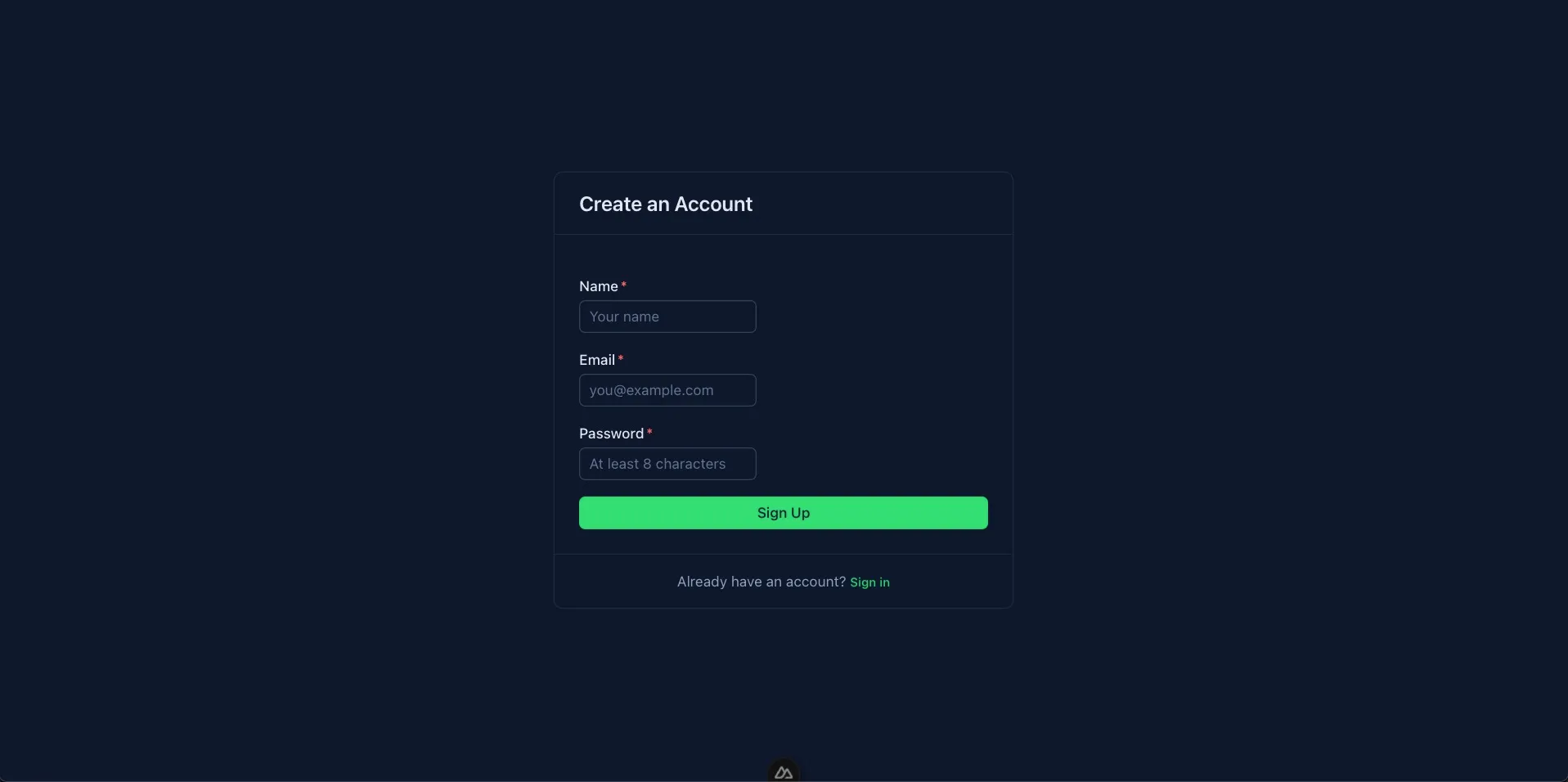 Create an Account form with Name, Email, and Password fields