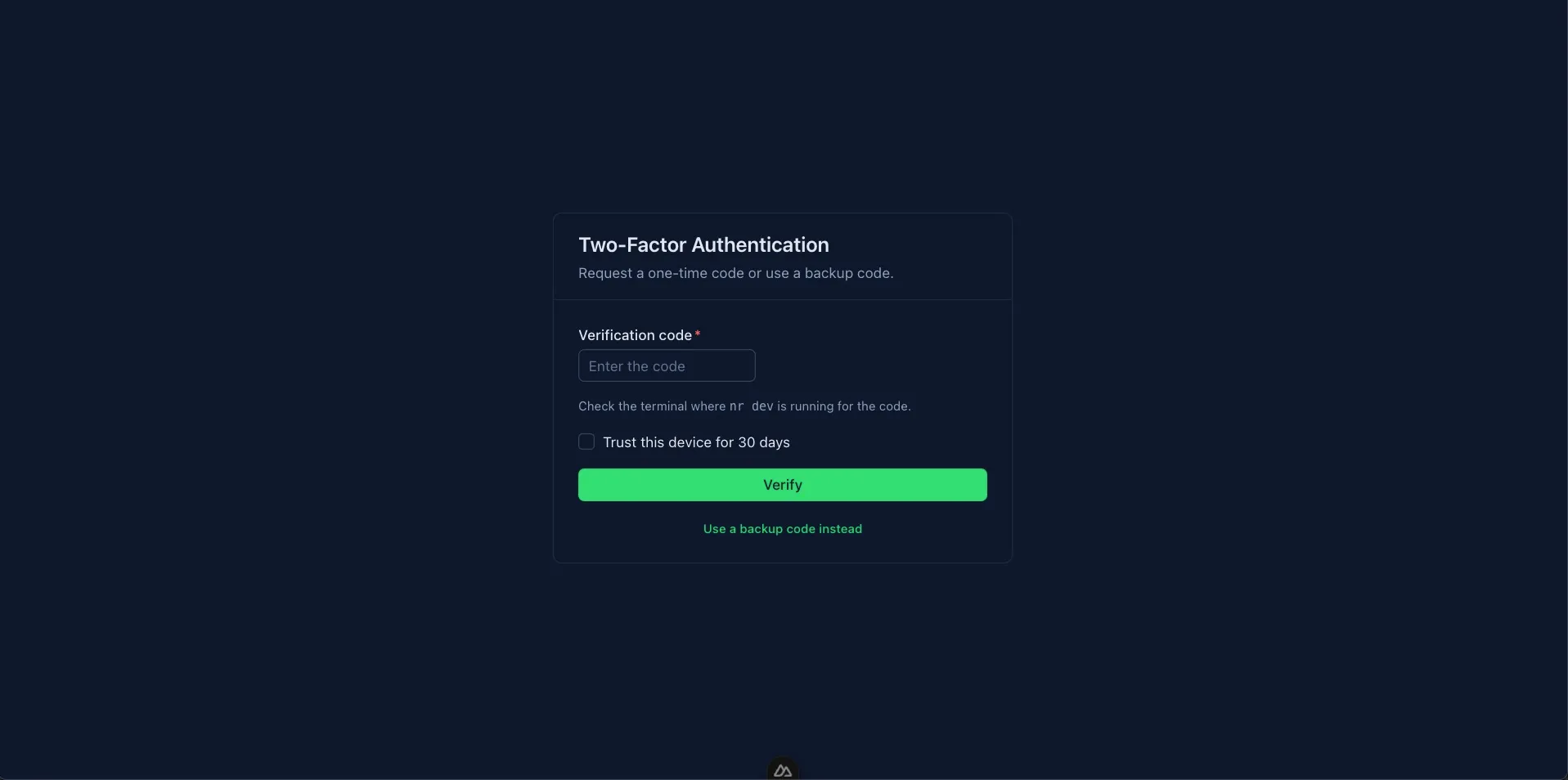 Two-factor page with verification code input