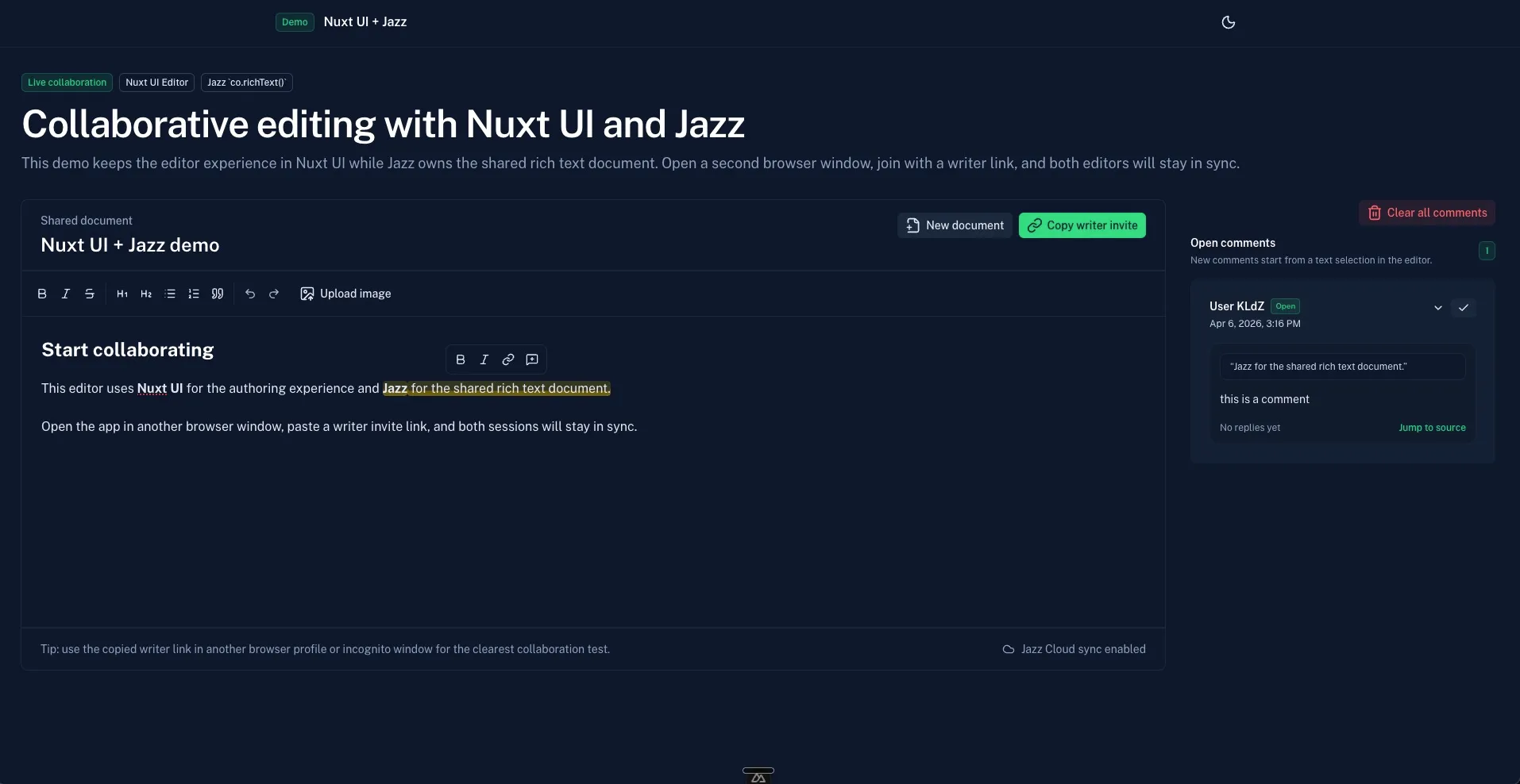 Screenshot of the collaborative editor with comment support