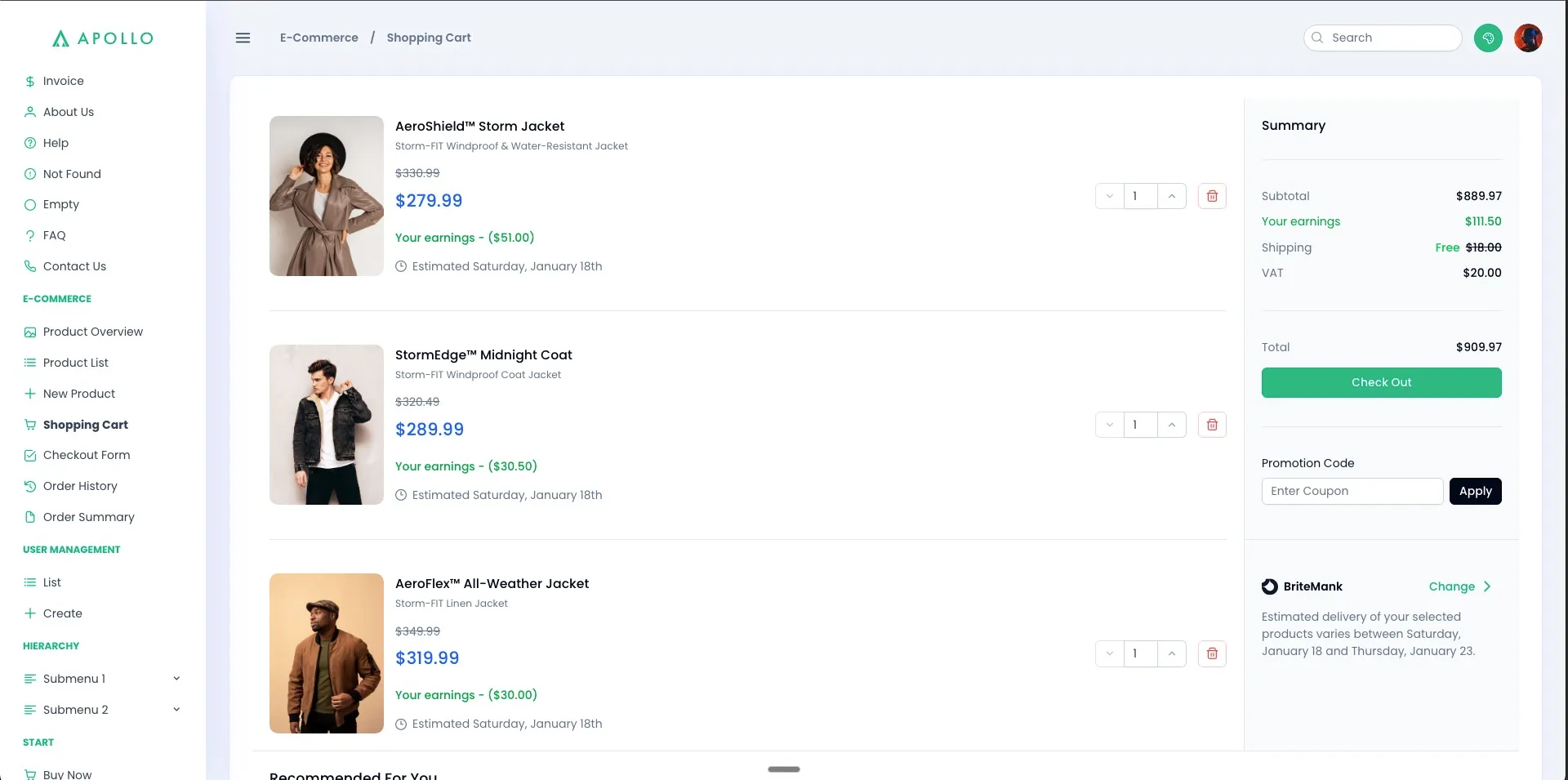 screenshot of the Apollo shopping cart screen