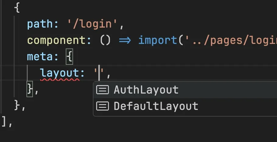 screenshot of type safe route layout meta in Visual Studio Code IDE