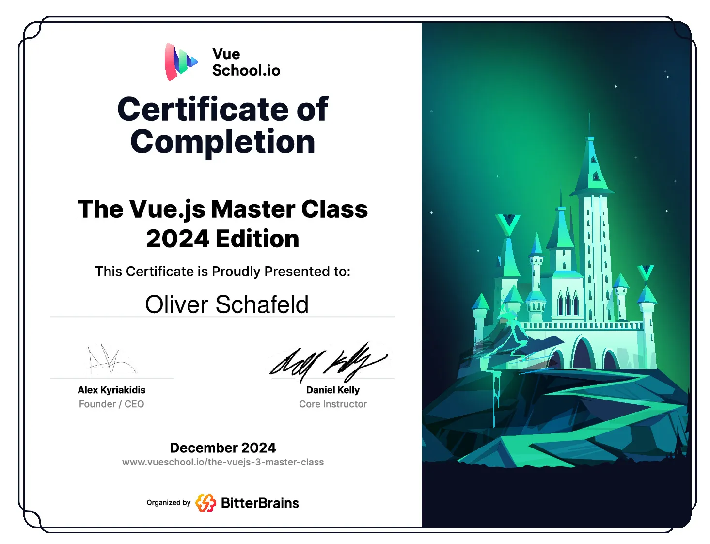 Vue School course completion certificate