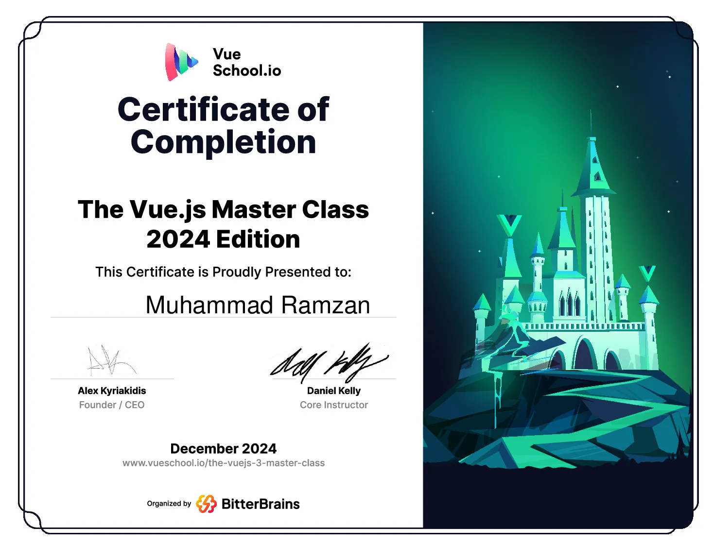 Vue School course completion certificate