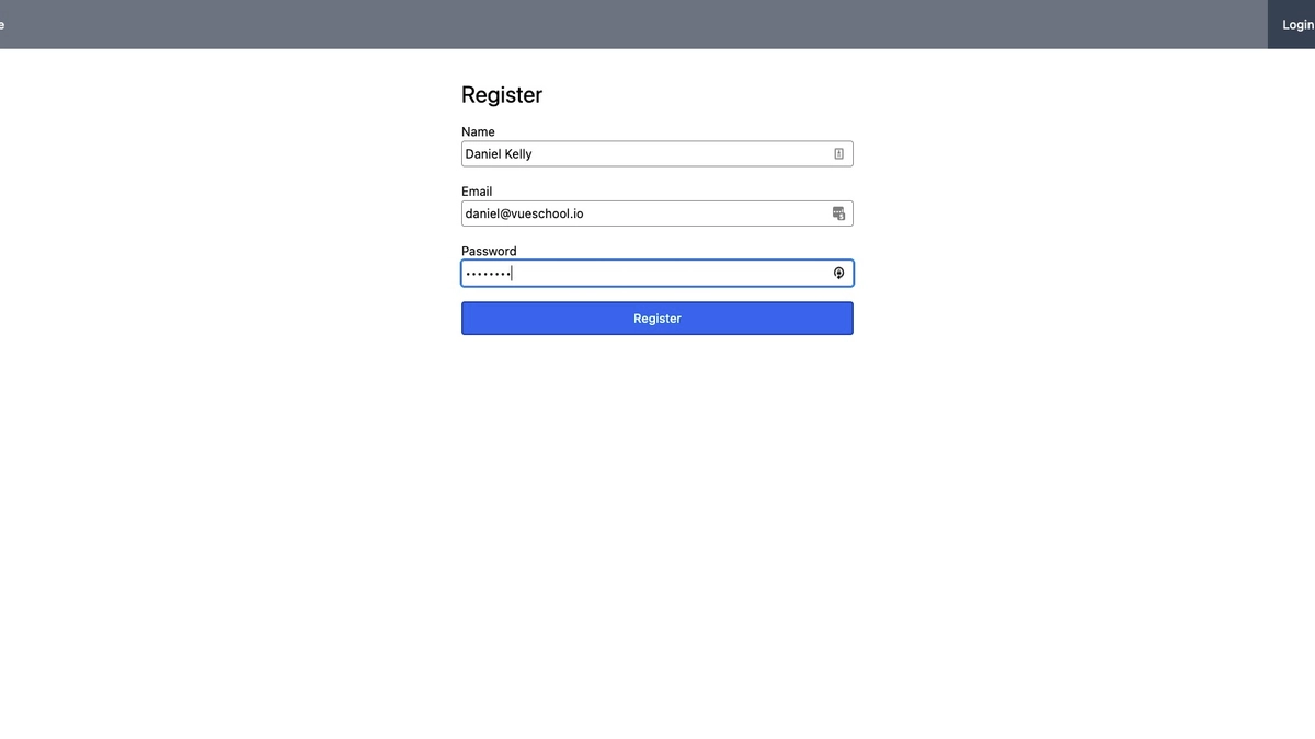 screenshot of register form filled in