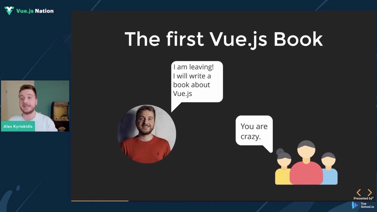 screenshot of Alex Kyriakidis giving his talk on the State of Vue School 2022