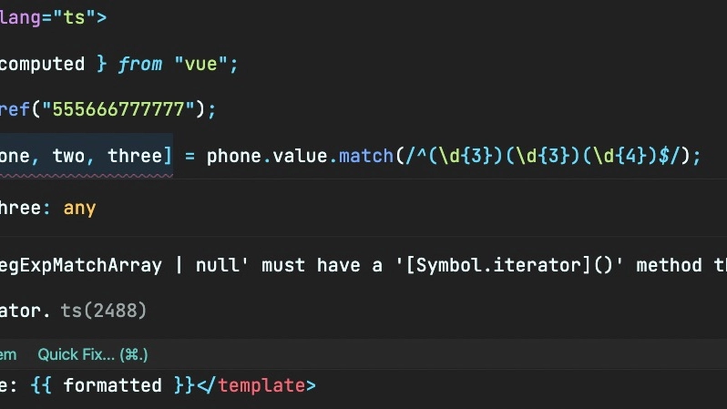 TypeScript hint shows that the result of match could be an array or null