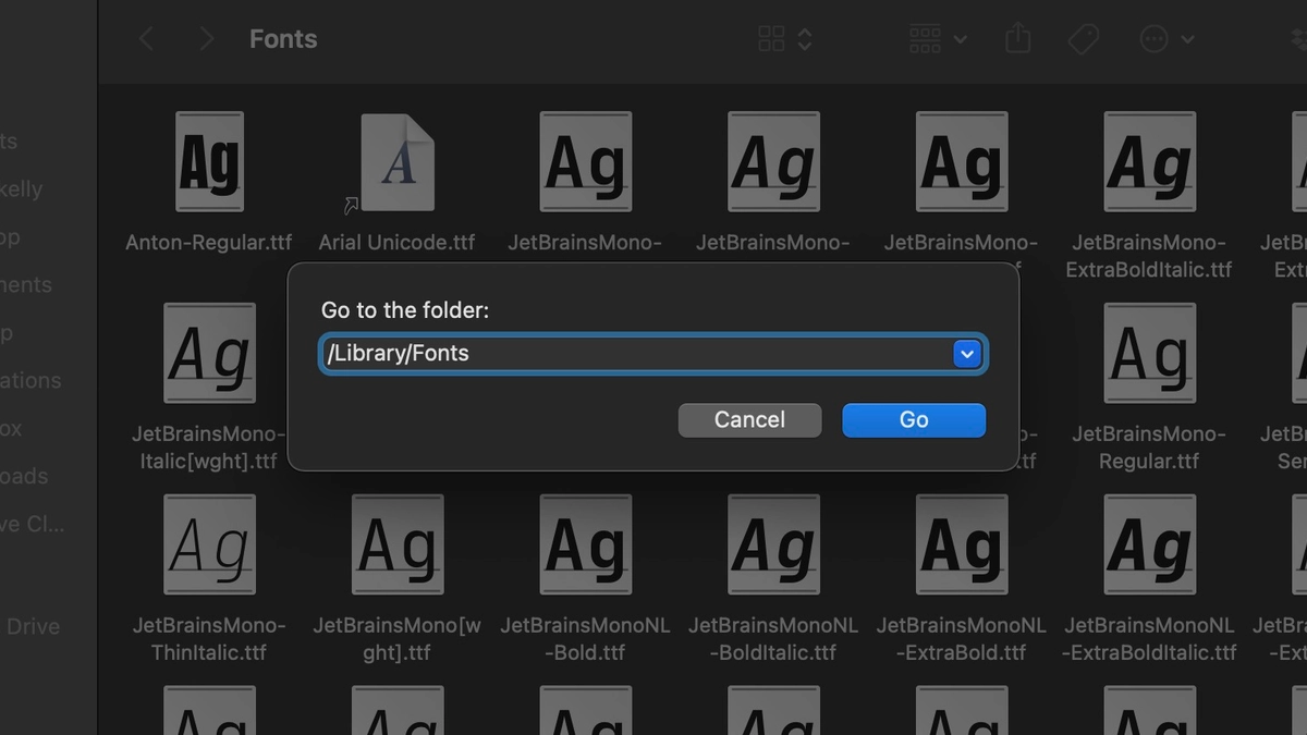 screenshot of goto fonts directory in finder