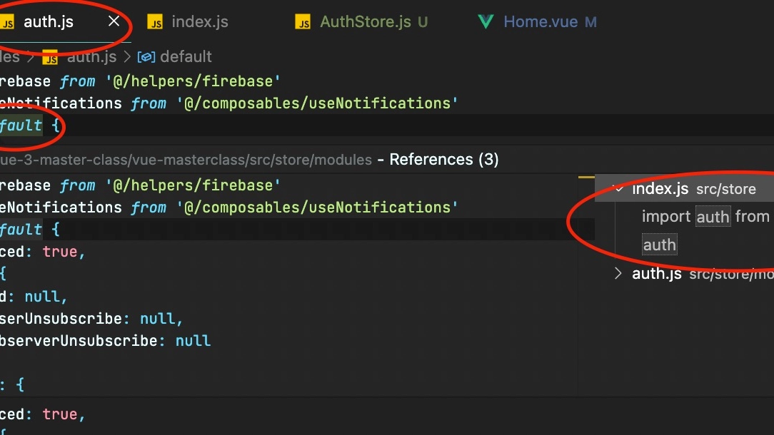 screenshot of VS code after cmd click to check where all auth module was being imported
