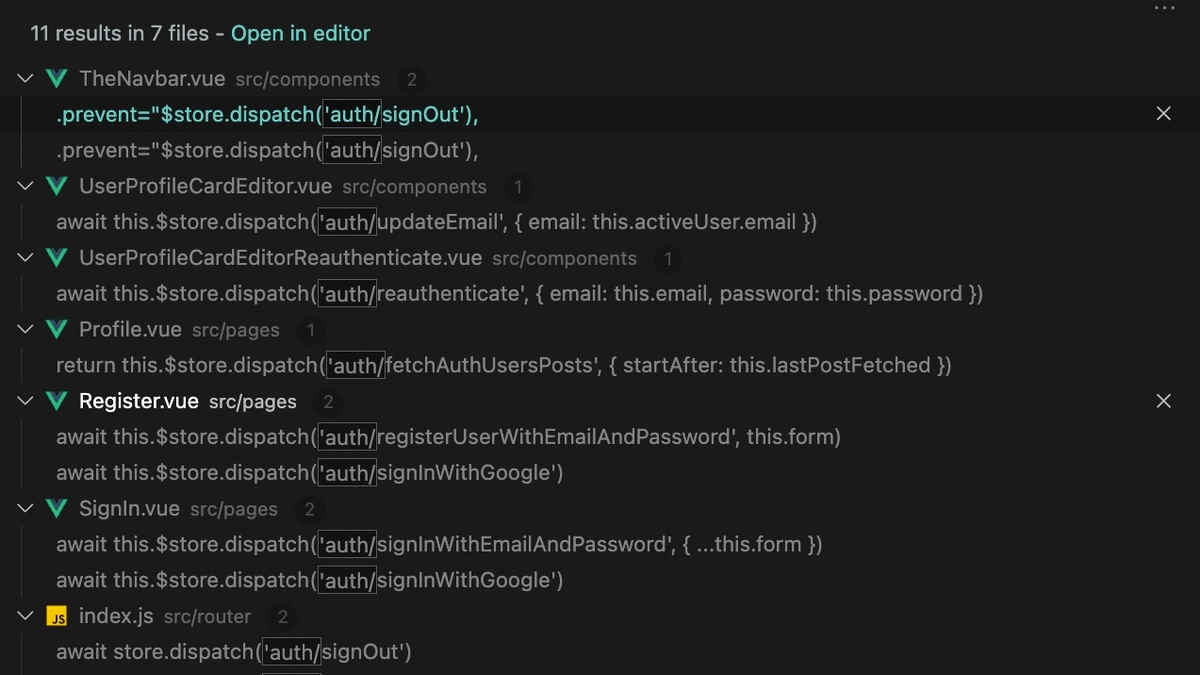 screenshot of search results for quote auth slash in VS code