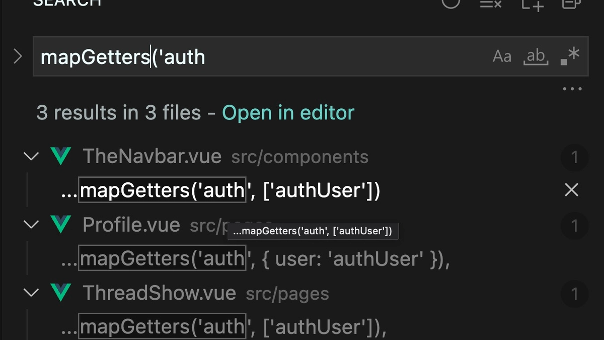 search results for mapGetters('auth in VS code